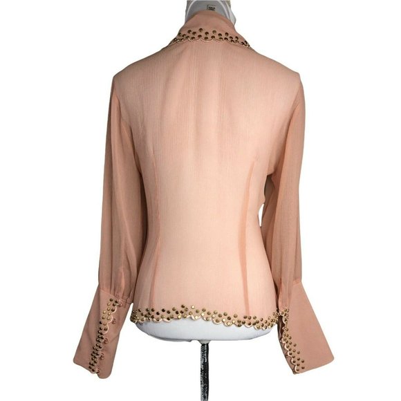 Vintage 80s Silk Blouse Blush Pink Gold Studded Sheer Long Sleeve Lillie Rubin L - Picture 4 of 11